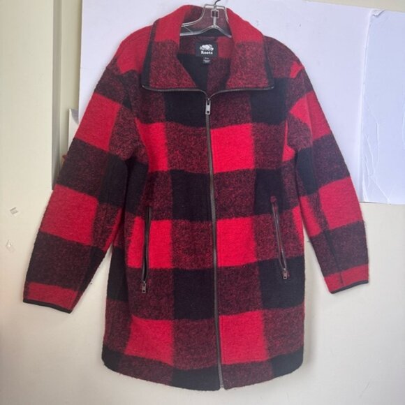 Roots Canada Seymour Wool Plaid Zip Jacket Pockets Red Coat Cozy Preppy Warm M - Picture 2 of 16